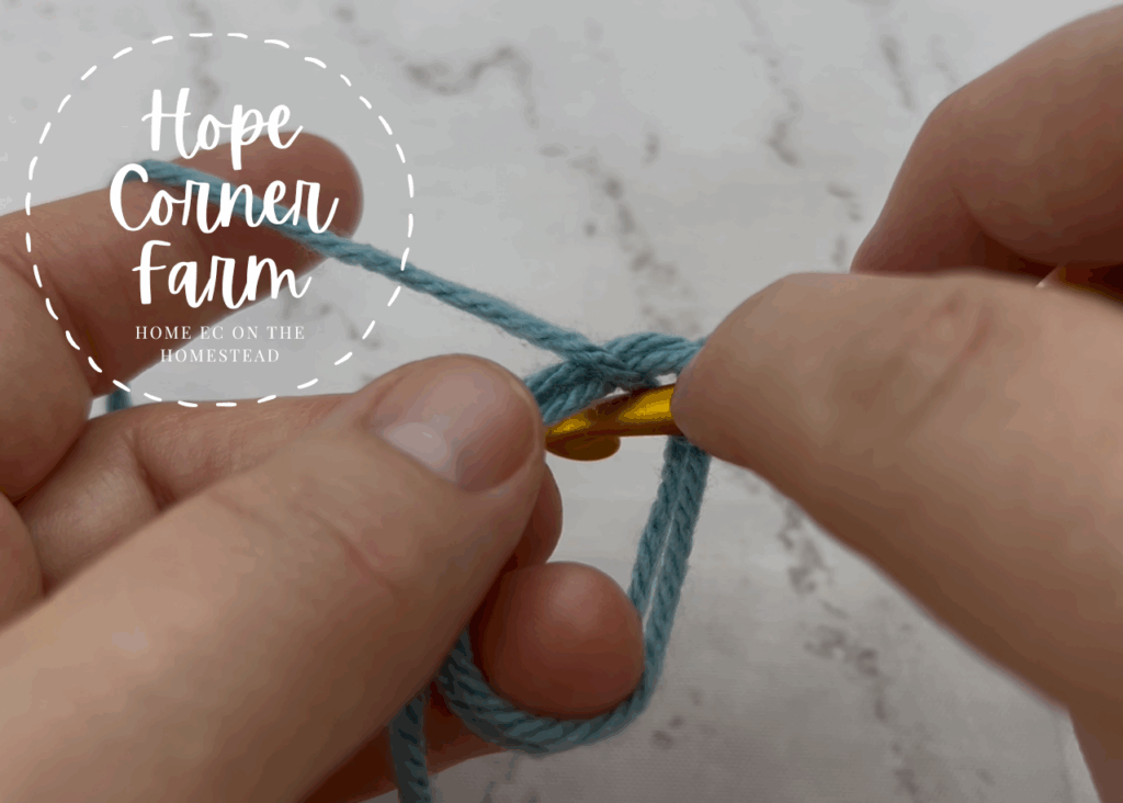 Inserting the crochet hook into the double magic ring