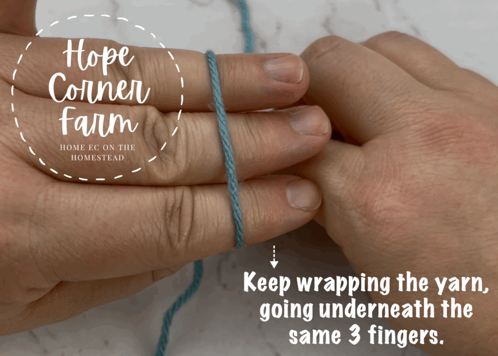 Keep wrapping the yarn going underneath the same 3 fingers