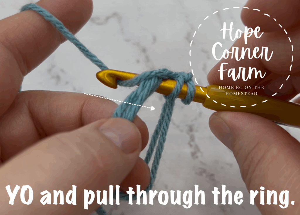 Yarn over and pull through the double magic ring