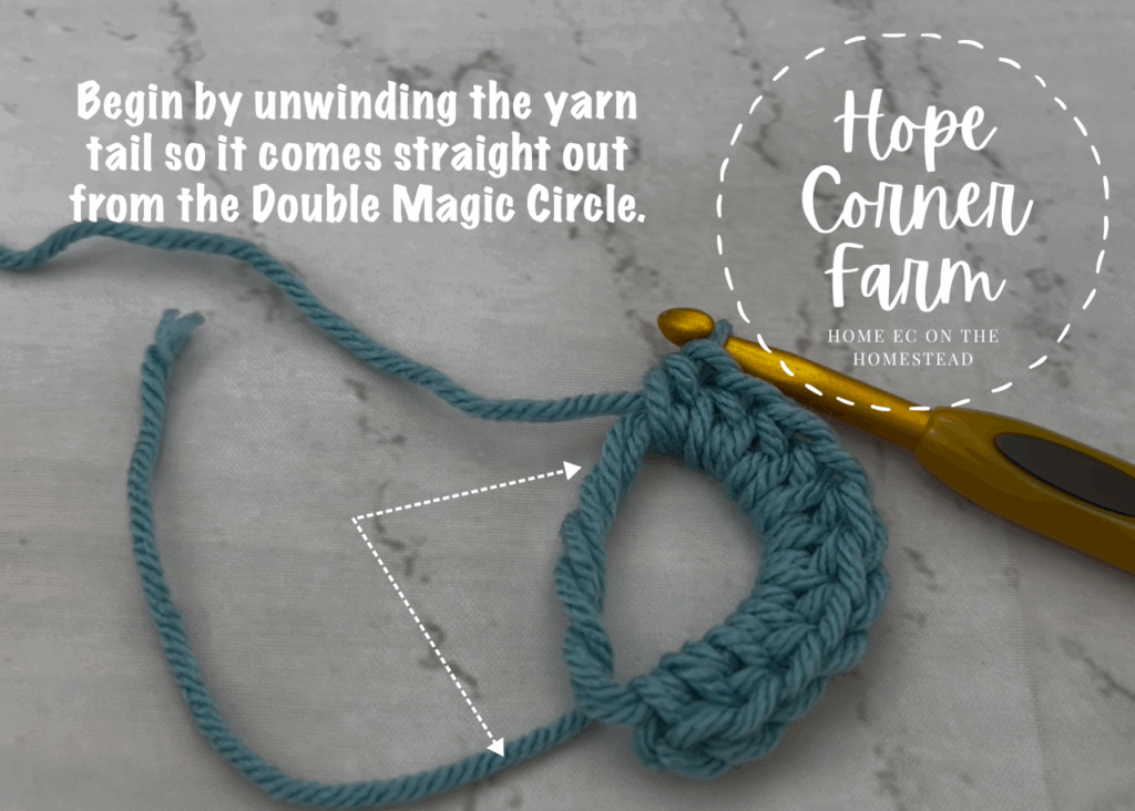 Unwind the yarn tail from the ring