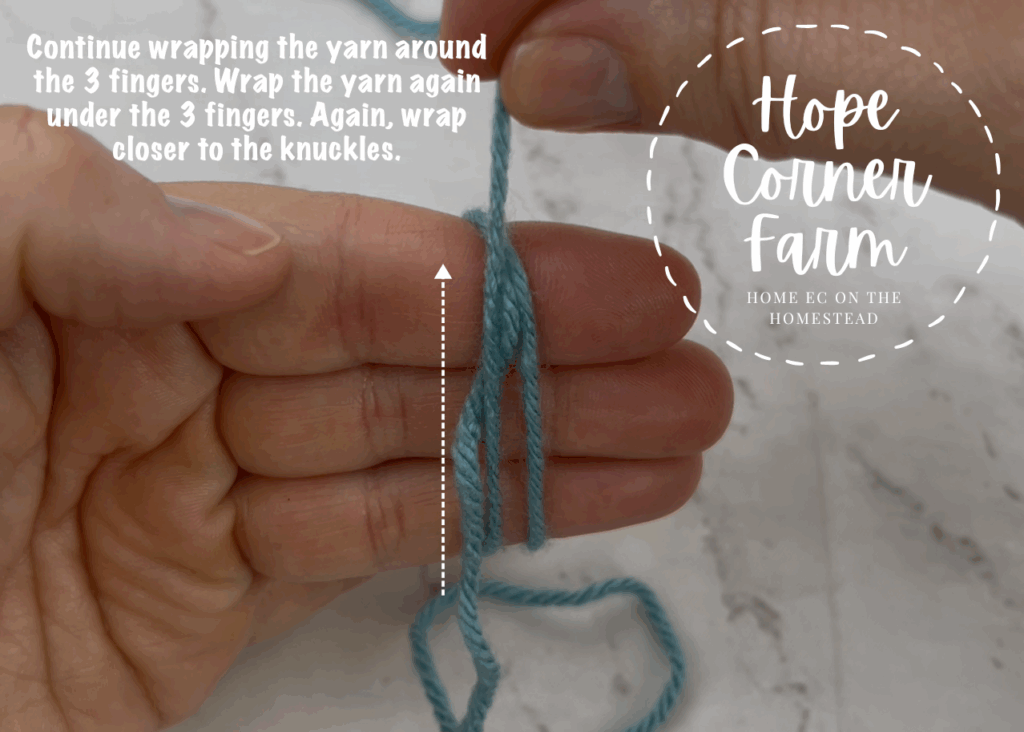 Wrap the yarn underneath the 3 fingers