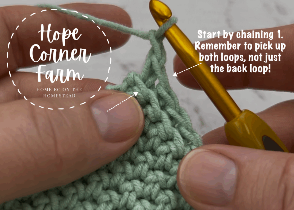 Begin the row of crochet by chaining 1