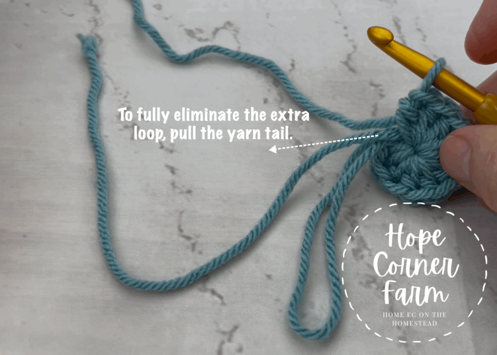 Pull on the yarn tail to get rid of the extra loop of yarn