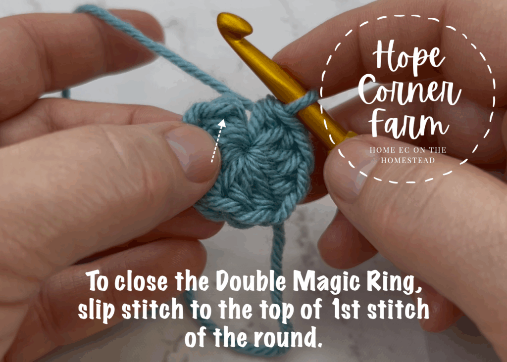 To close the Double Magic Circle slip stitch to the top of the 1st crochet stitch