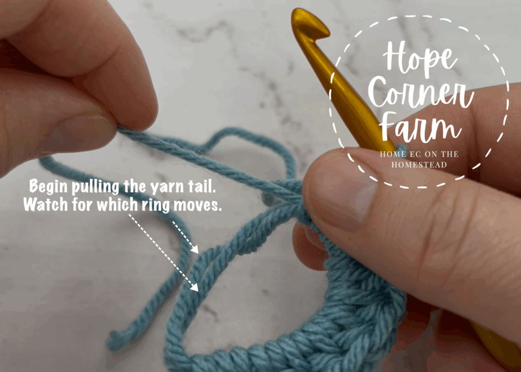 Begin pulling the yarn tail and watch for which loop moves