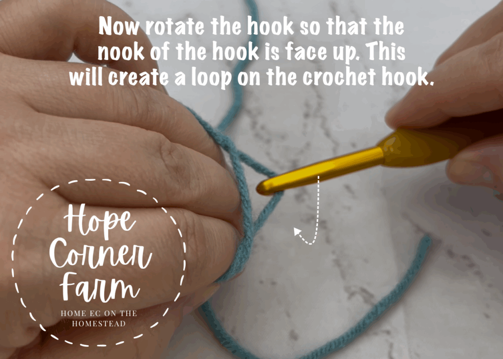Rotate the crochet hook so that the nook of the hook is face up