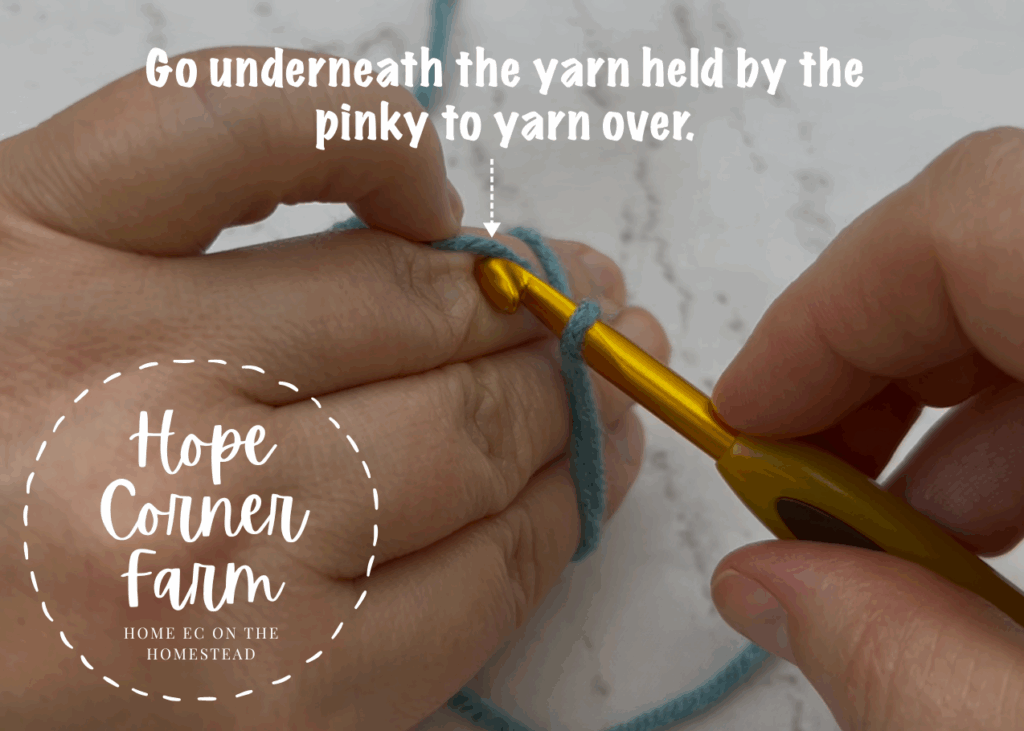 Go underneath the yarn held by the pinky to yarn over