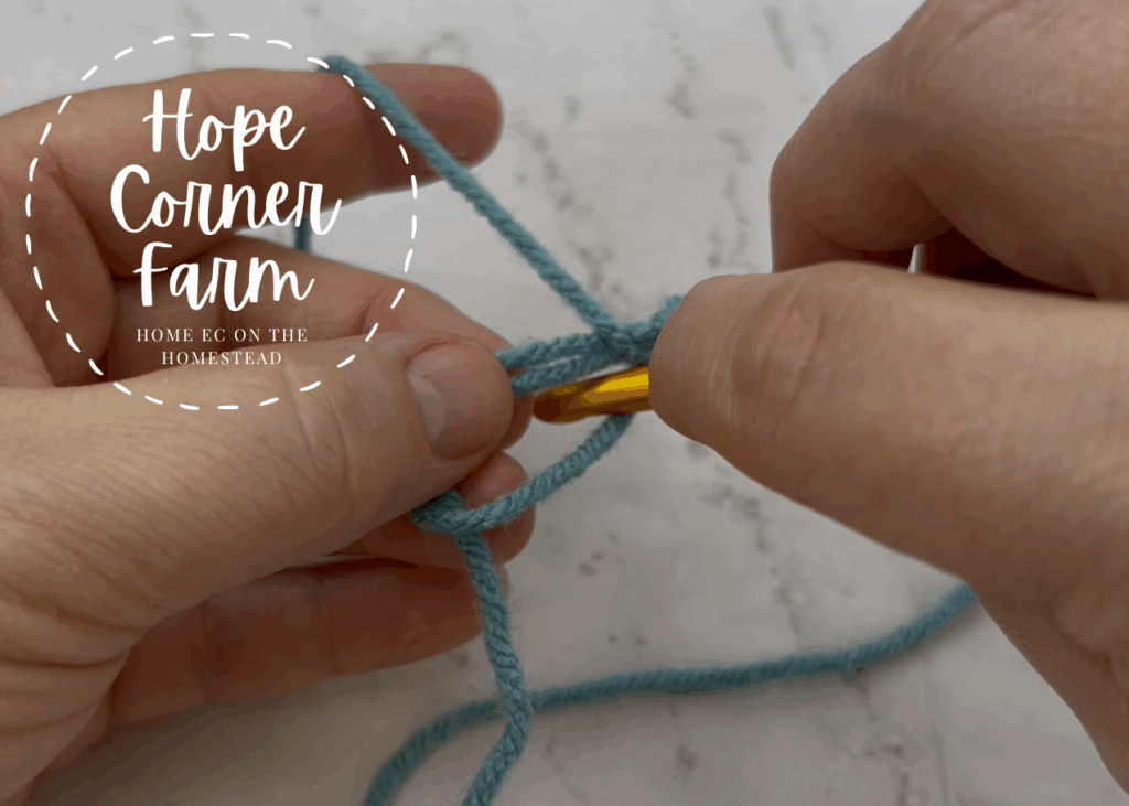 Inserting the crochet hook into the crochet magic ring