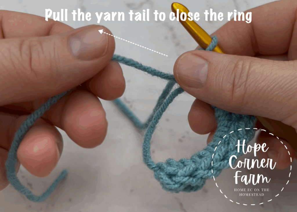 Pull the yarn tail to close the crochet magic circle
