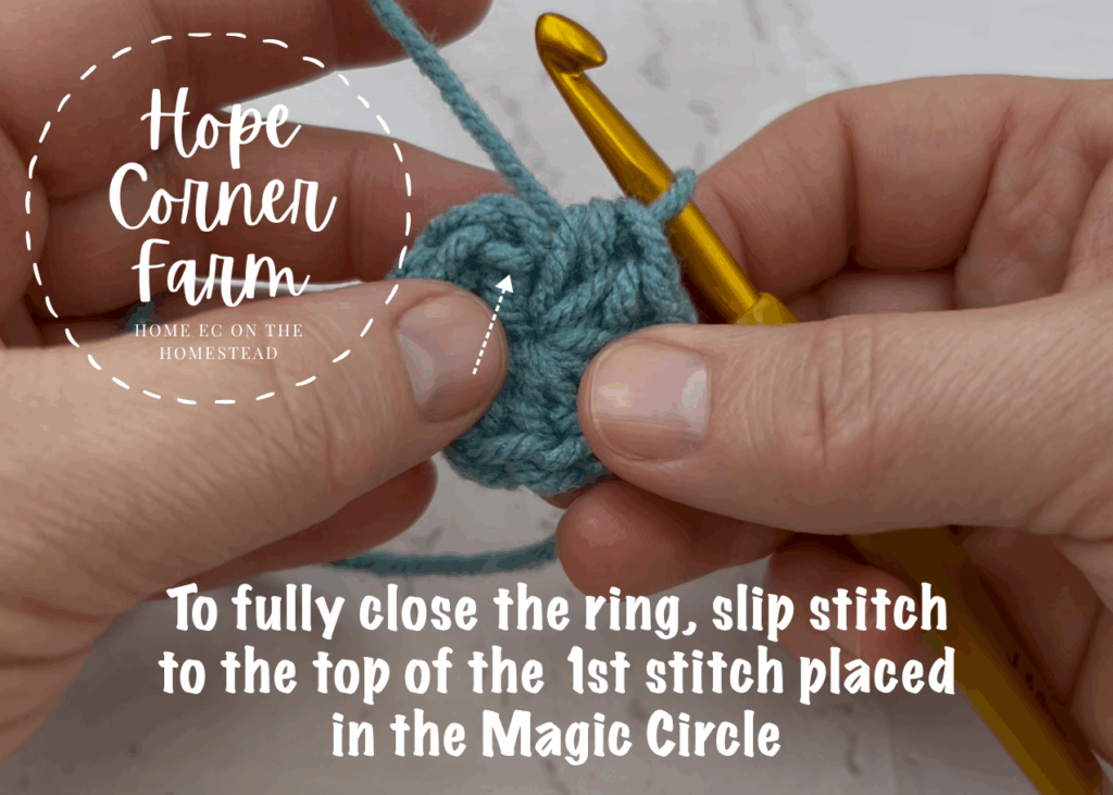 To fully close the magic ring, slip stitch to the top of the 1st stitch