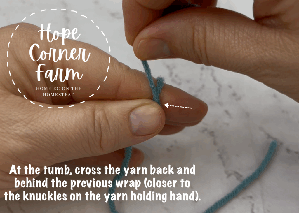At the thumb, cross the yarn back and behind the previous wrap