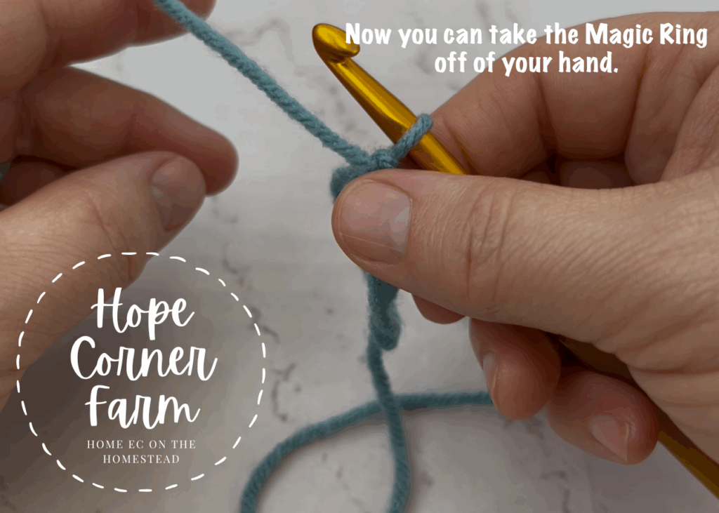 Take the crochet magic ring off of your yarn holding hand