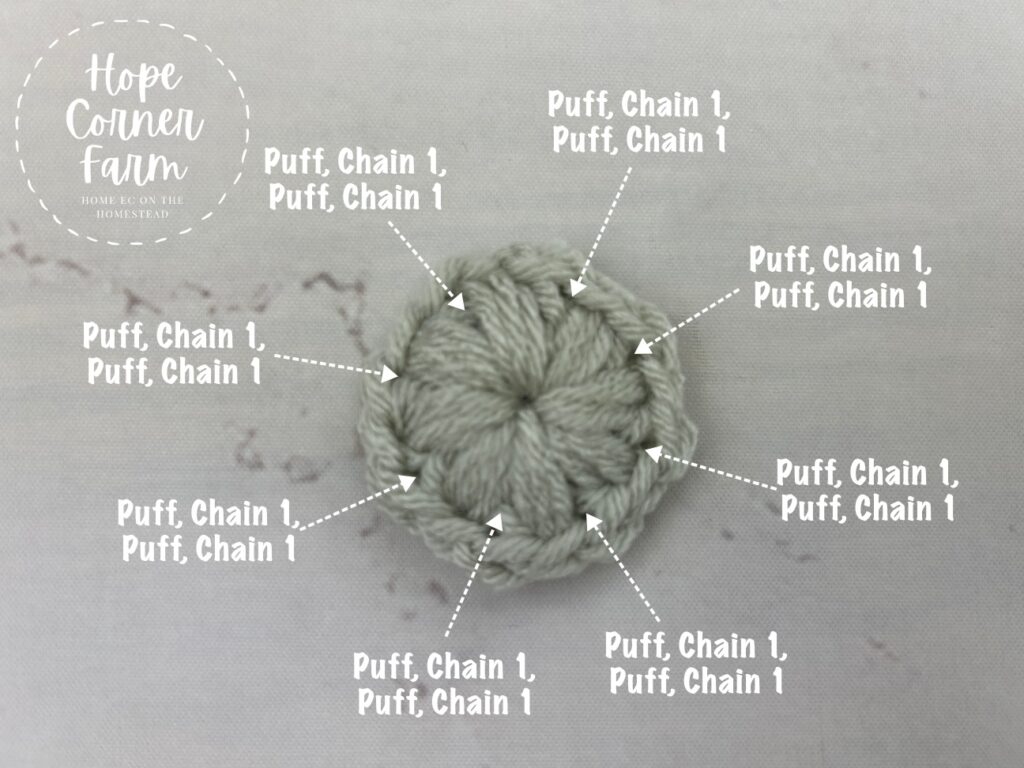 Crochet Stitch placement for Round 2 of the Puff Flower Granny Square