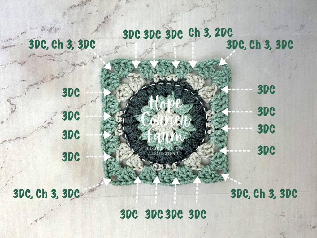 Crochet Stitch Placement for Round 6 of the Puff Flower Granny Square