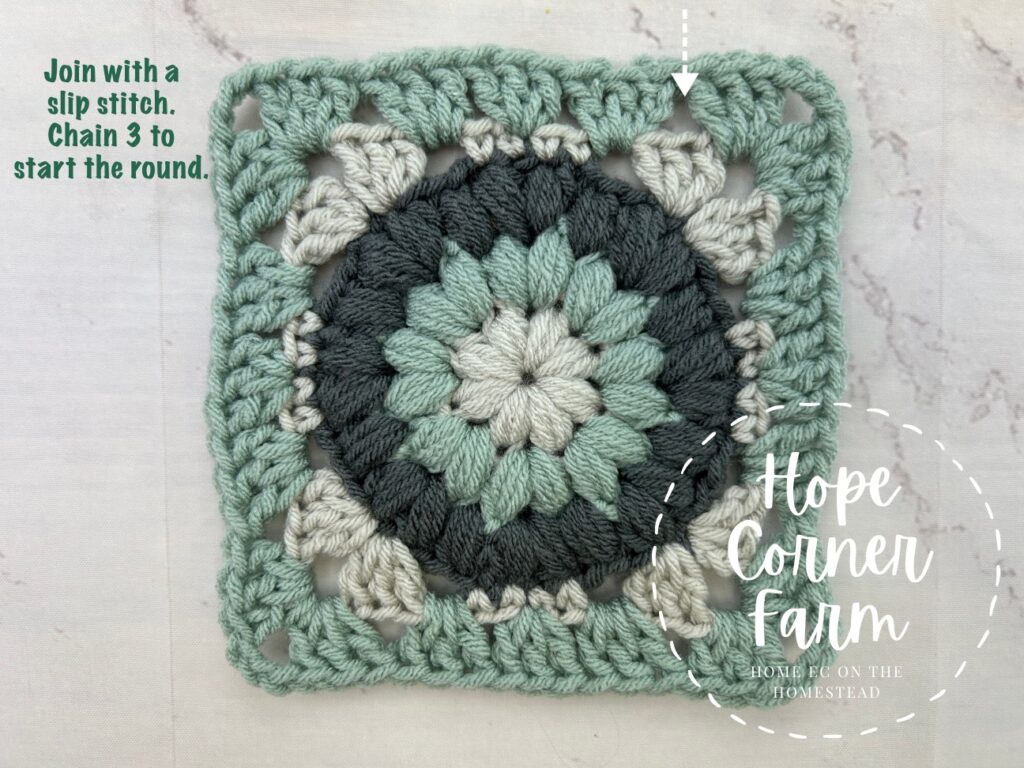 Join with a slip stitch and then chain 3 to start this round of crochet