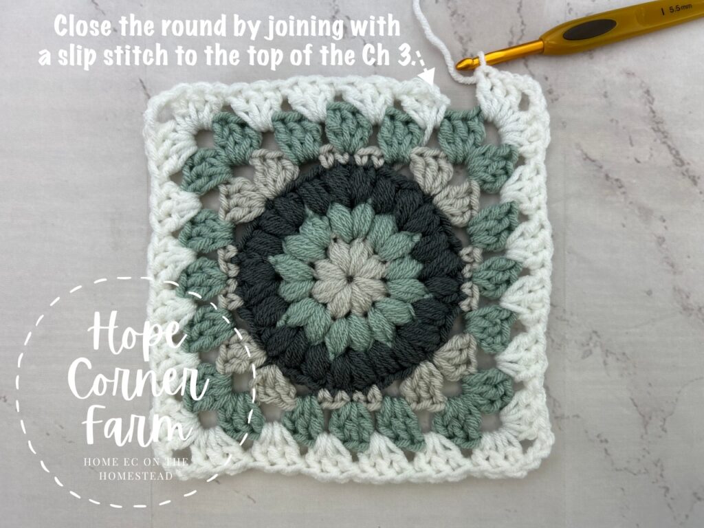 Where to slip stitch to close the round of crochet