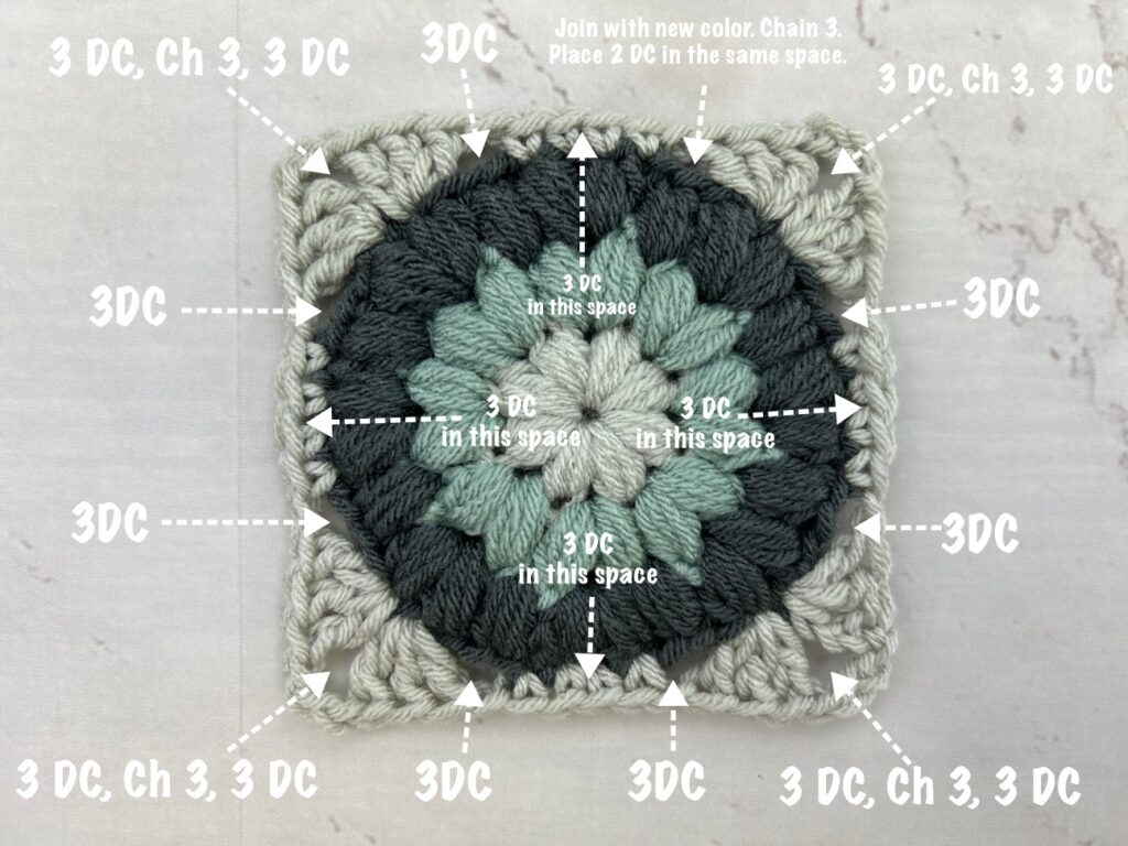 Crochet Stitch Placement for Round 5 of the Puff Flower Granny Square