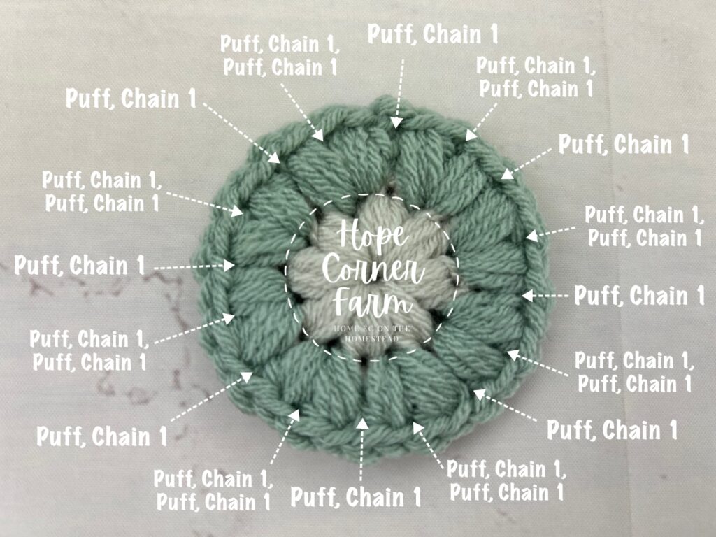 Crochet stitch placement for Round 3 of the Puff Flower Granny Square