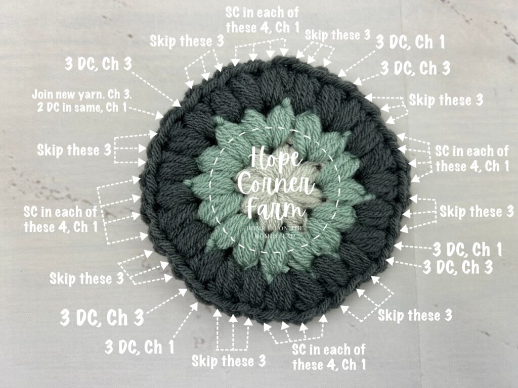 Crochet Stitch placement for Round 4 of the Puff Flower Granny Square