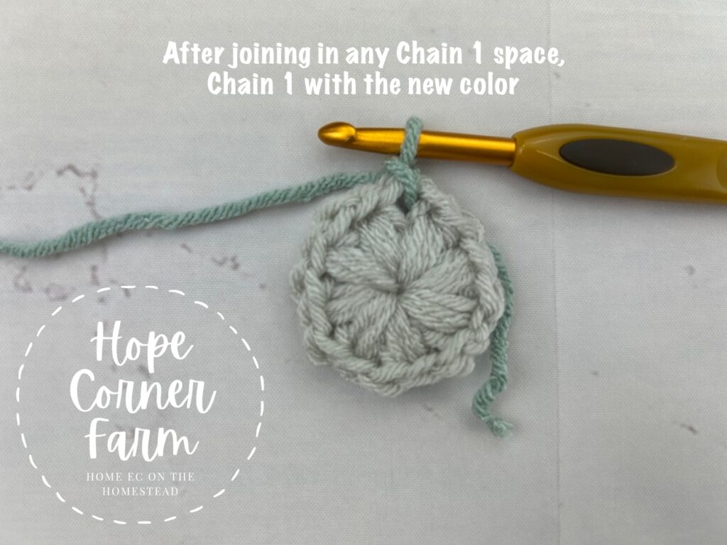 After joining chain 1 with the new yarn