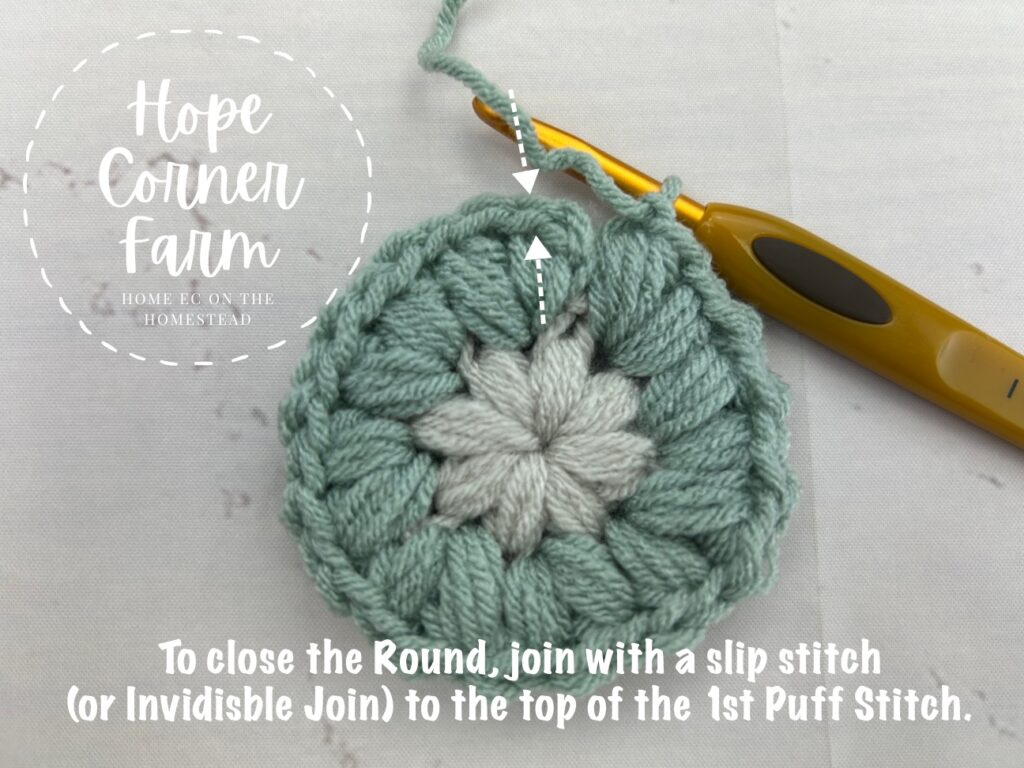 To close round 2 join with a slip stitch to the top of the first puff stitch
