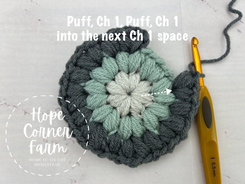 Now puff, chain 1, puff, chain 1