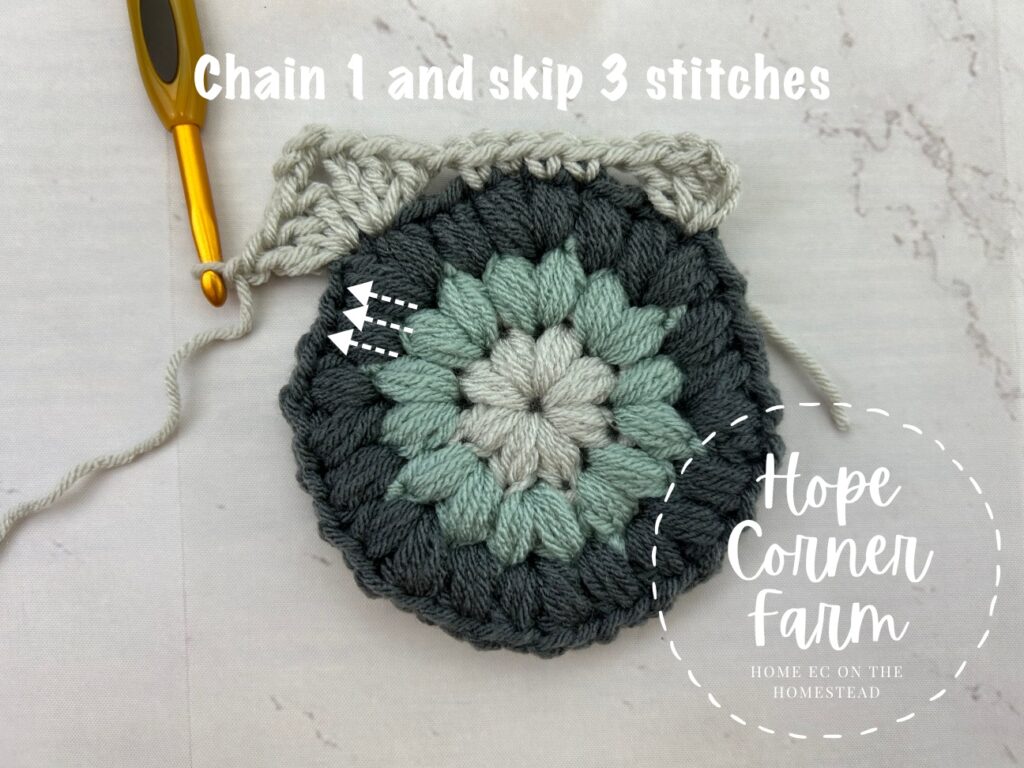 Now chain 1 and skip 3 stitches