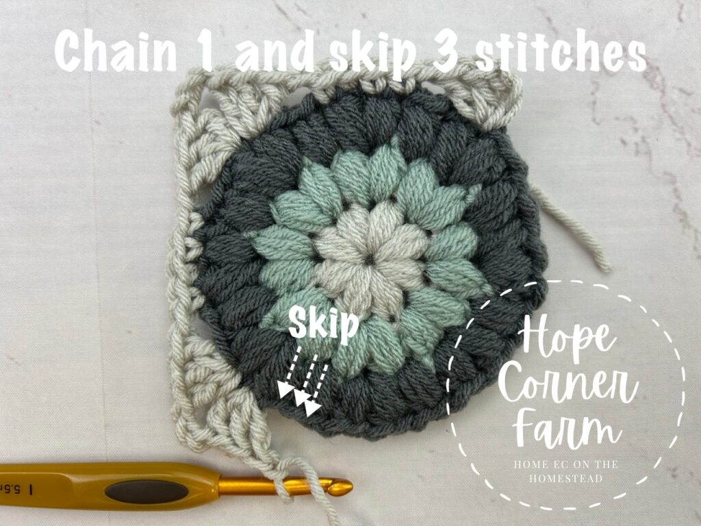 Chain 1 and skip 3 stitches