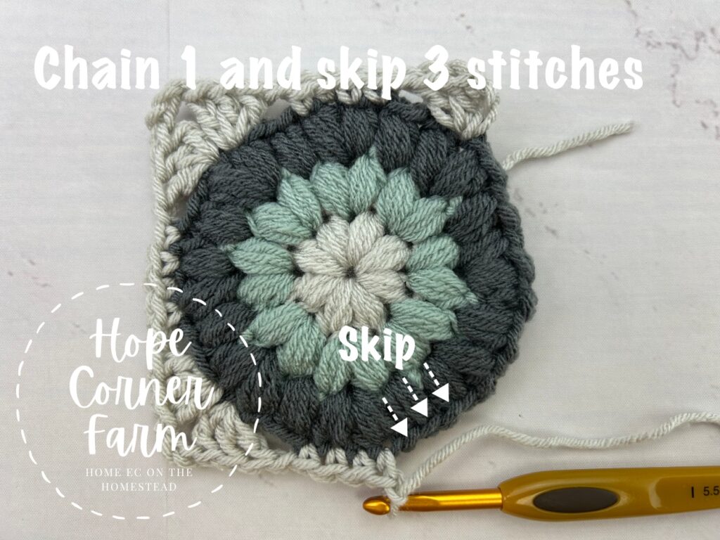 Chain 1 and skip 3 stitches