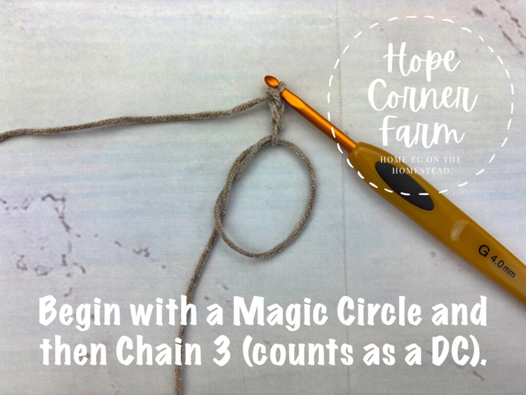 Begin with a Magic Circle and then chain 3