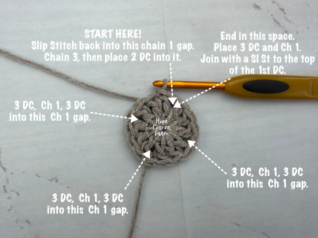 Crochet Stitch Placement for Round 2 of the Spike Stitch Granny Square Tutorial