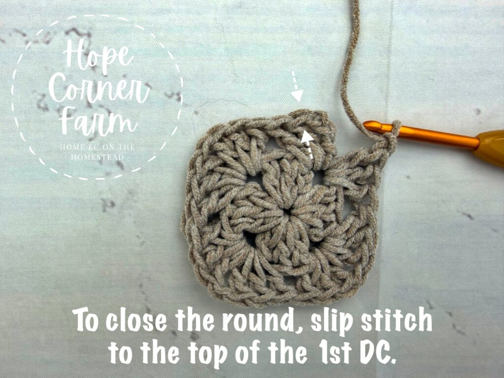 To close the round, slip stitch to the top of the 1st Double Crochet Stitch