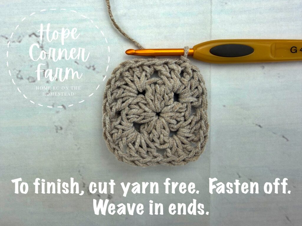 To finish this round of crochet, cut the yarn free. Fasten off, and then weave in ends