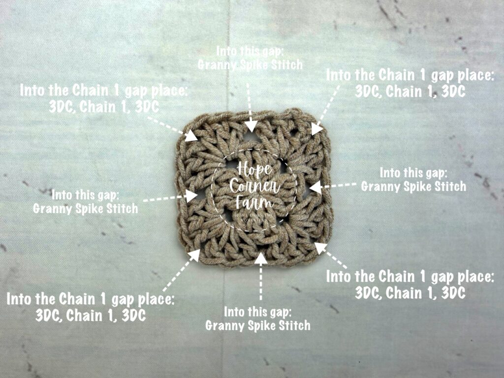 Crochet Stitch placement for Round 3 of the Spike Stitch Granny Square