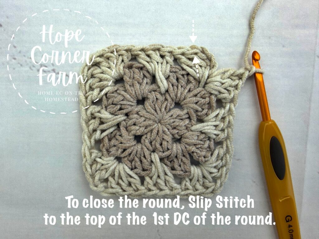 To close the round slip stitch to the top of the 1st DC