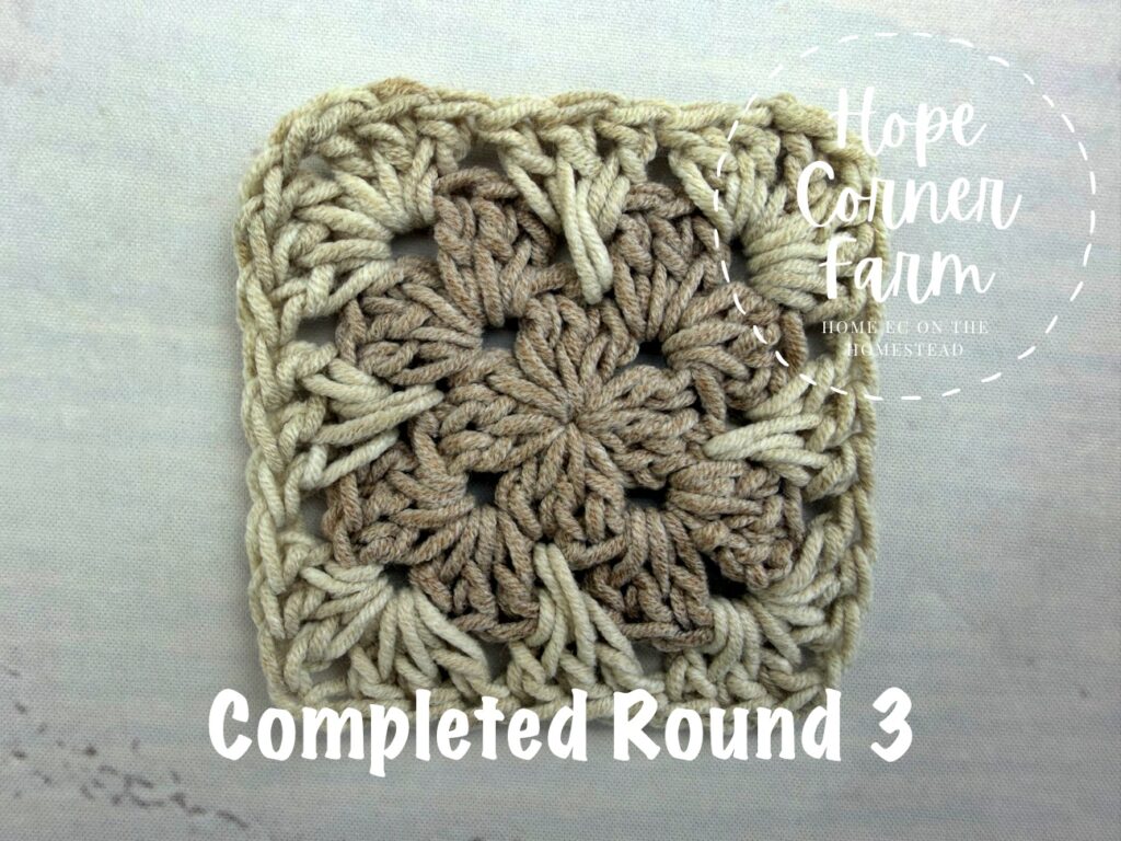 Completed Round 3 of the Spike Stitch Granny Square 
