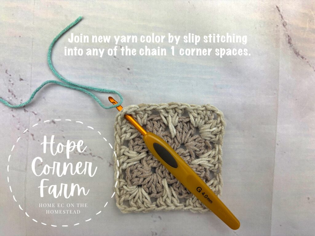 Bring in the new color and slip stitch to any of the chain 1 gaps