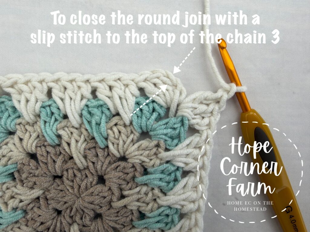 To close the round join with a slip stitch to the top of the chain 3