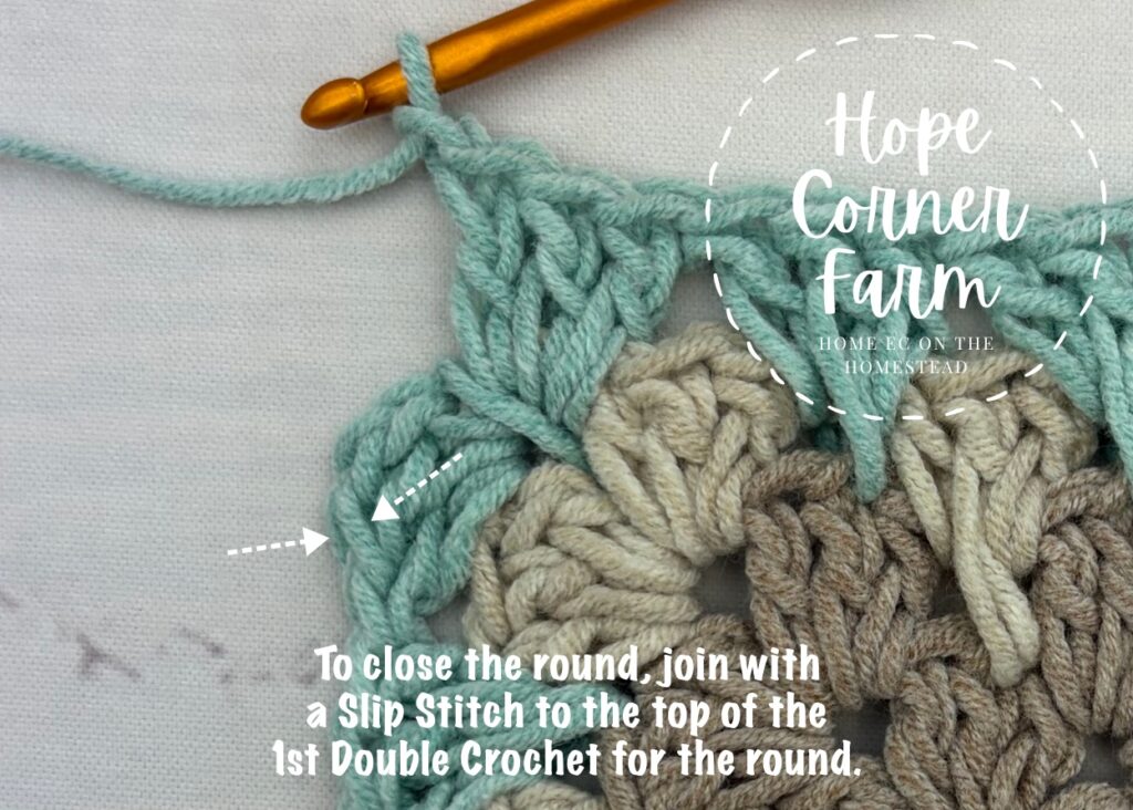 To close round 4 join with a slip stitch to the top of the 1st double crochet stitch