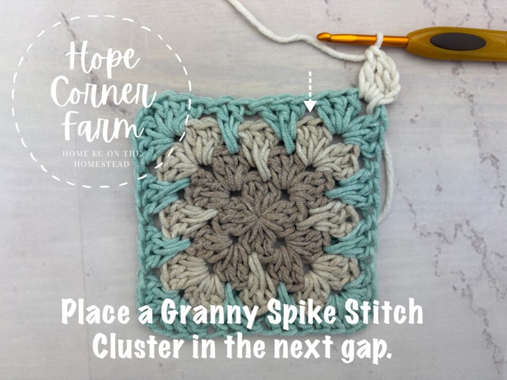 Begin the round by working a granny spike stitch cluster into the gaps