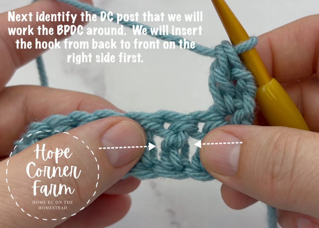 Decide which stitch to Back Post Double Crochet around.
