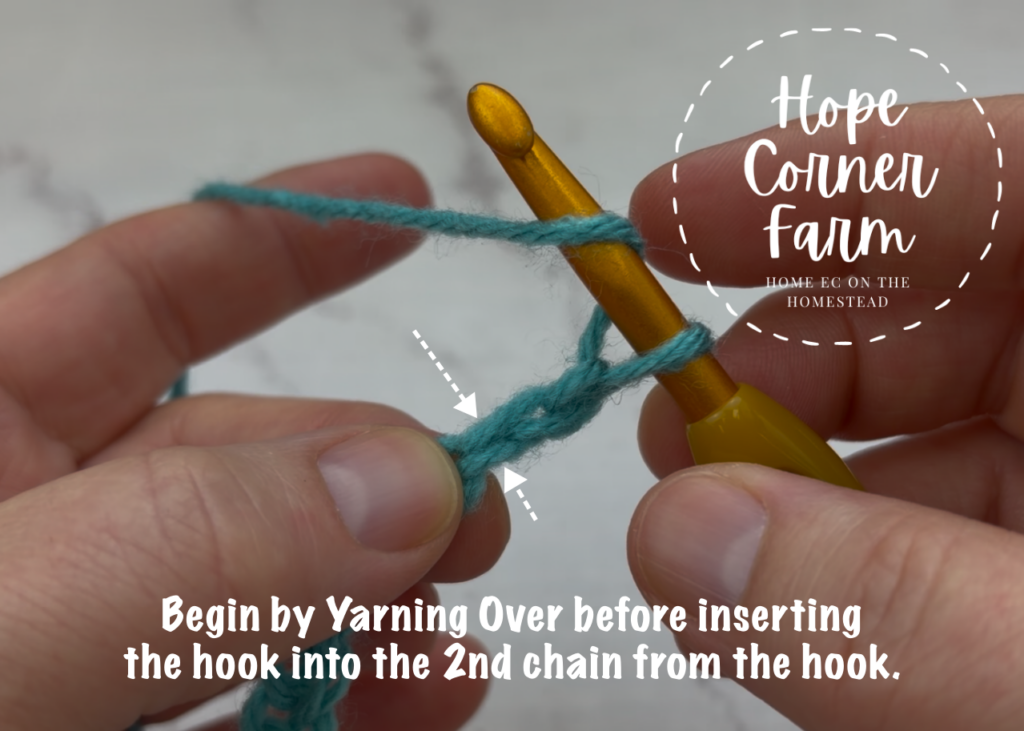 Begin by yarning over before inserting the hook into the 2nd chain from the hook