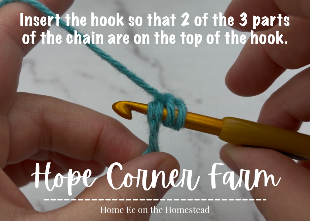Insert the hook so that 2 of the 3 parts of the chain are on the top of the crochet hook