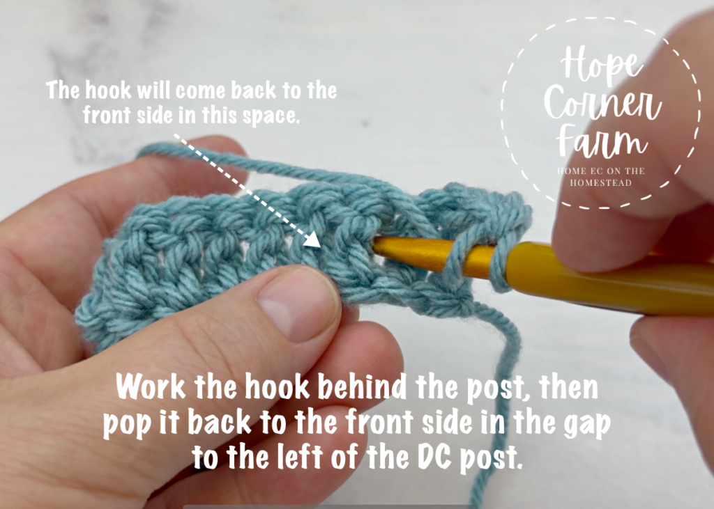 The crochet hook will work behind the DC post