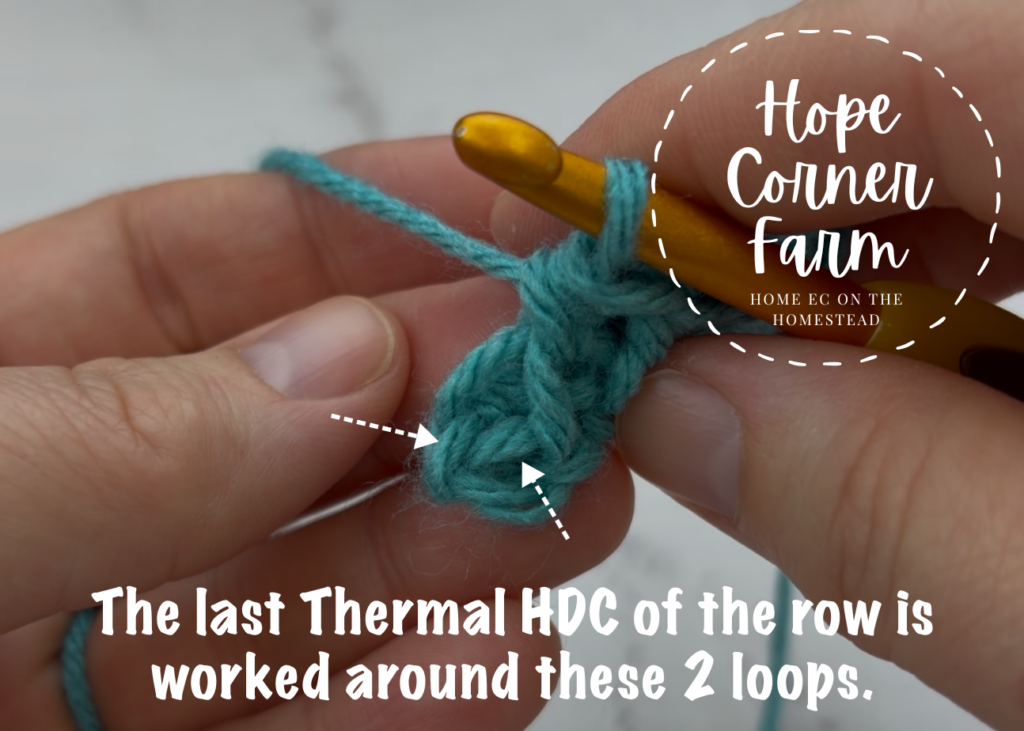 The last Thermal Half Double Crochet of the row is worked here