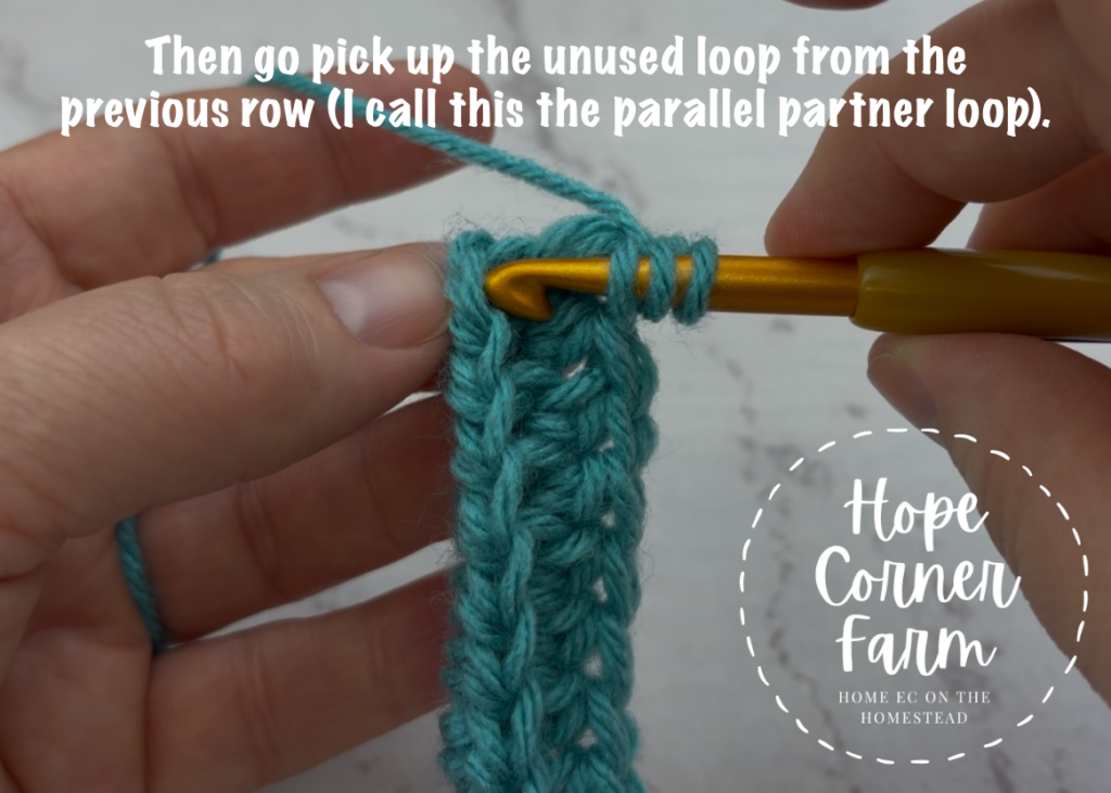 Pick up the unused loop from the previous row of crochet