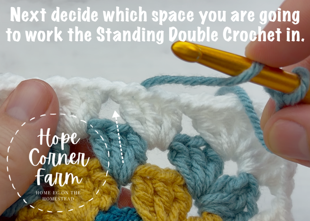 Decide which space you are going to work the Standing Double Crochet Stitch into
