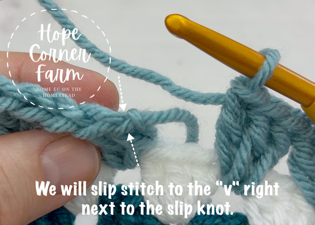 Slip Stitch to the "v" right next to the slip knot