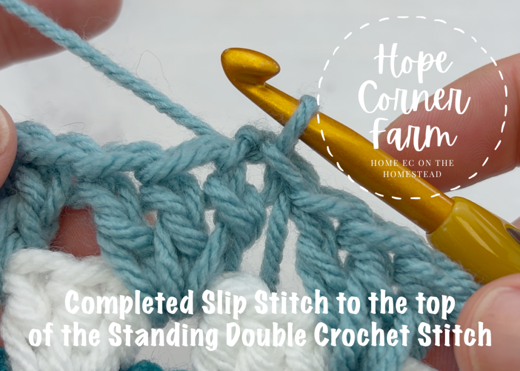 Completed Slip Stitch to the top of the Standing Double Crochet Stitch
